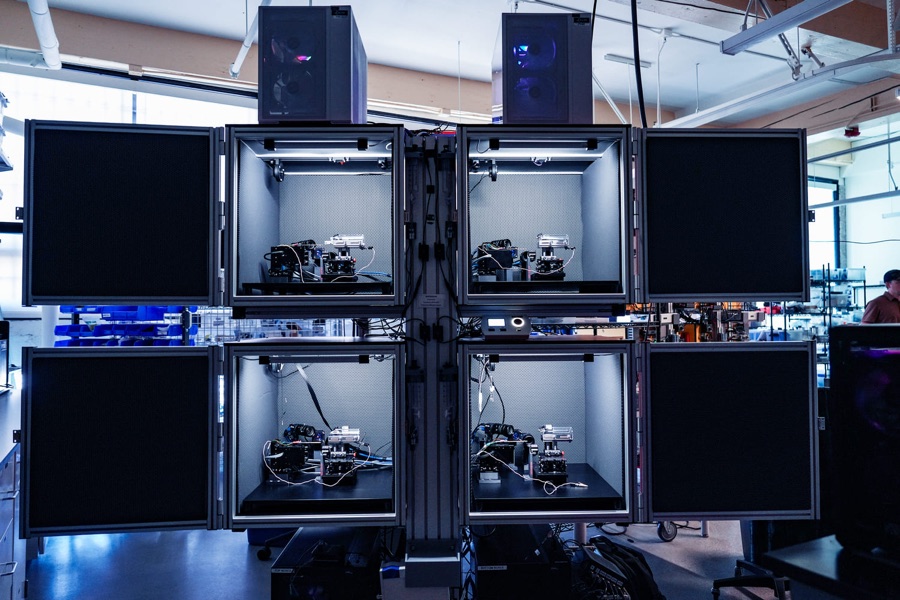 Four enclosed behavior platforms in a rack