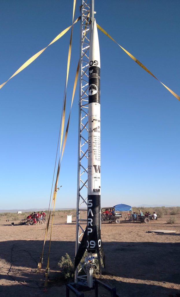 SARP hybrid sounding rocket on the launch rail